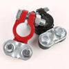 A pair of red and black quick-release car battery terminal connectors with silver hexagonal nuts.