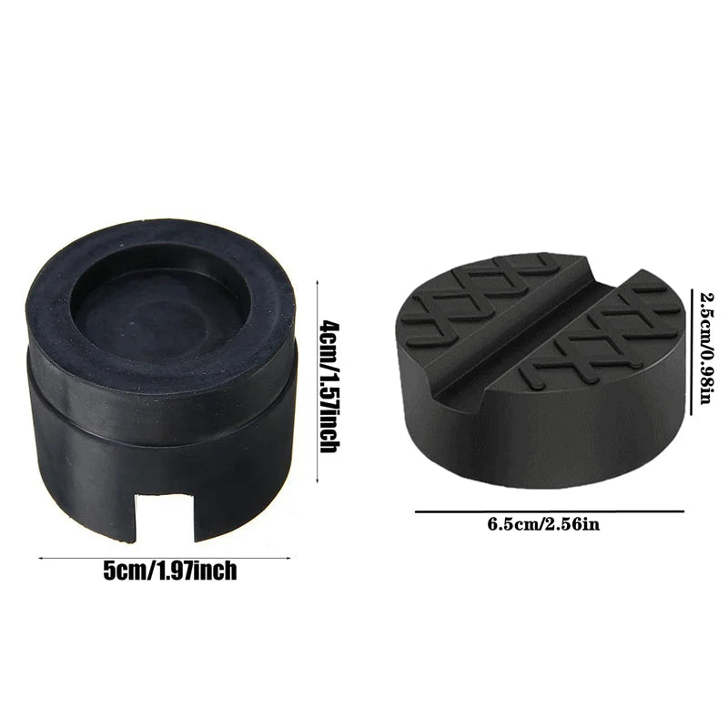Black rubber pad for a universal car jack with a slotted frame rail adapter.
