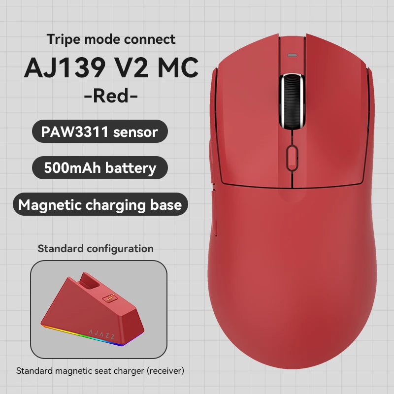 Red AJ139 V2 MC wireless gaming mouse with a magnetic charging base and receiver