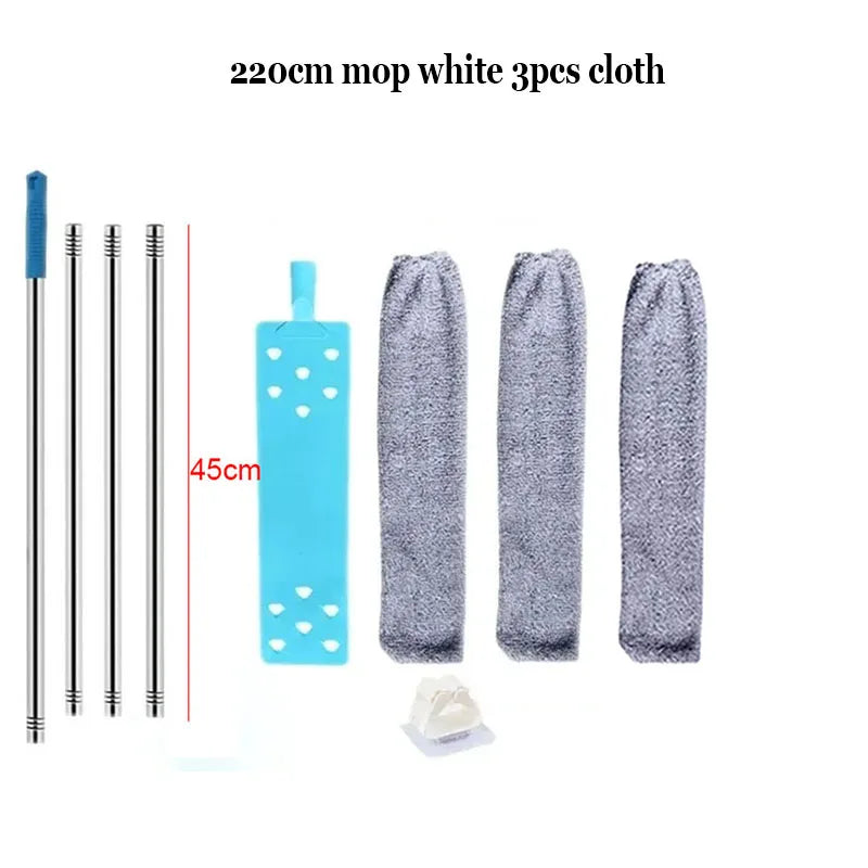 Three pieces of 220cm mop white cloth and telescopic duster brushes shown together.
