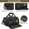 A black heavy duty tool bag with external pockets, a non-slip base, and multiple slots for short tools.