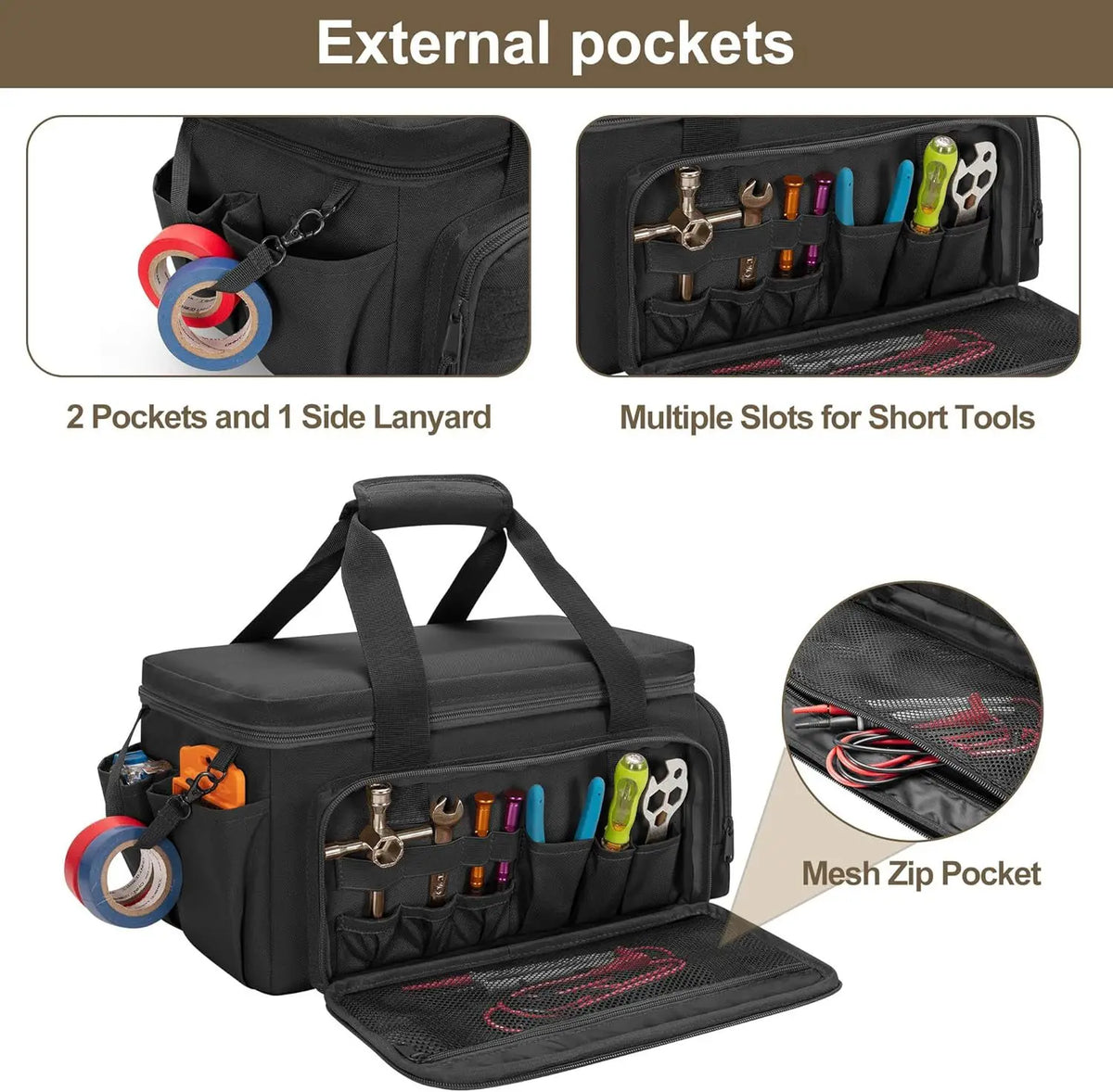 A black heavy duty tool bag with external pockets, a non-slip base, and multiple slots for short tools.