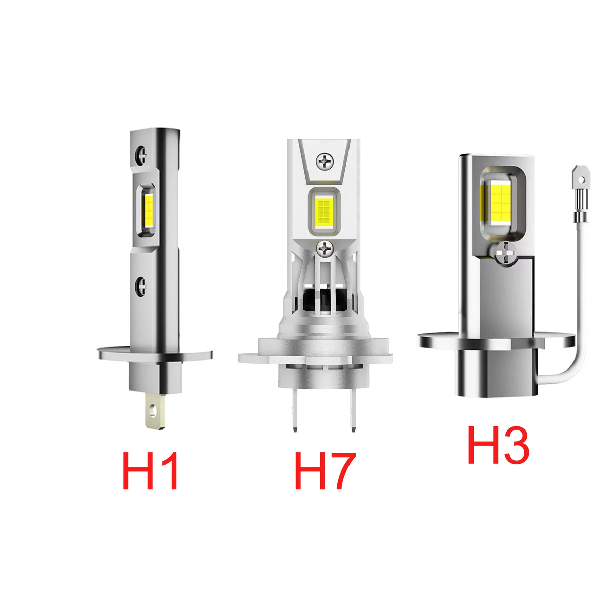 Three versions of plug-and-play LED headlight bulbs labeled H1, H7, and H3 shown side by side.