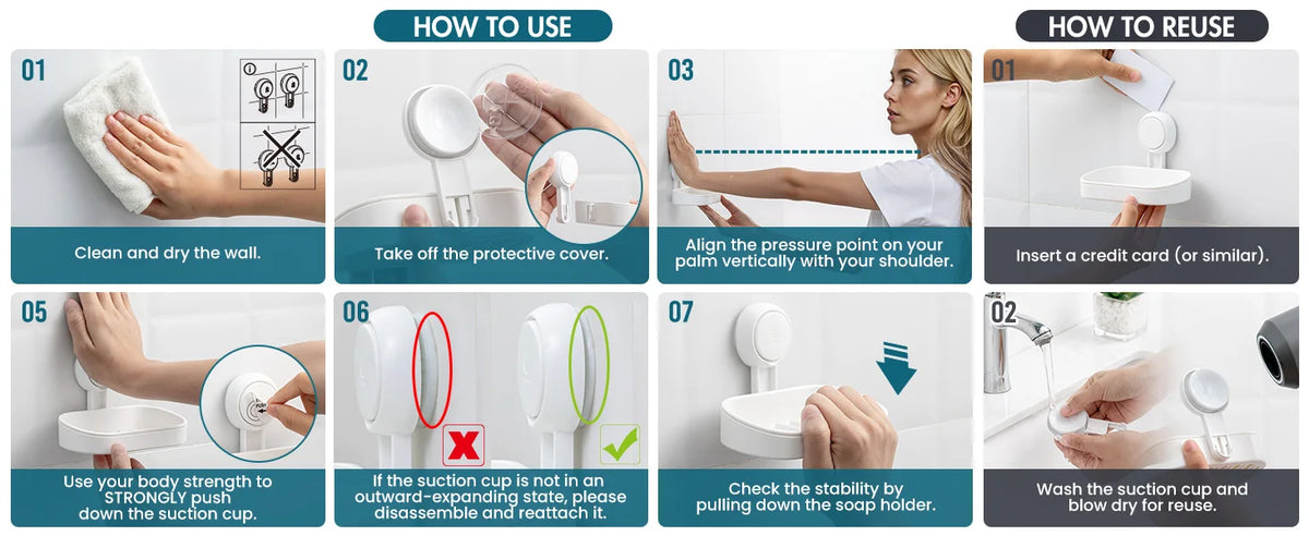 Instructions for using and reusing a suction cup soap dish holder with a removable tray