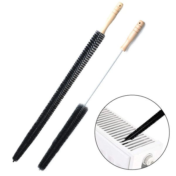 A black flexible brush with a wooden handle used for cleaning radiators and vents.