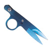 A pair of blue titanium-coated tailor shears with a circular opening and pointed blades.