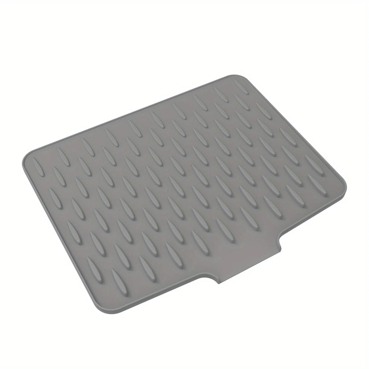 A gray silicone dish drying mat with numerous small drainage holes.