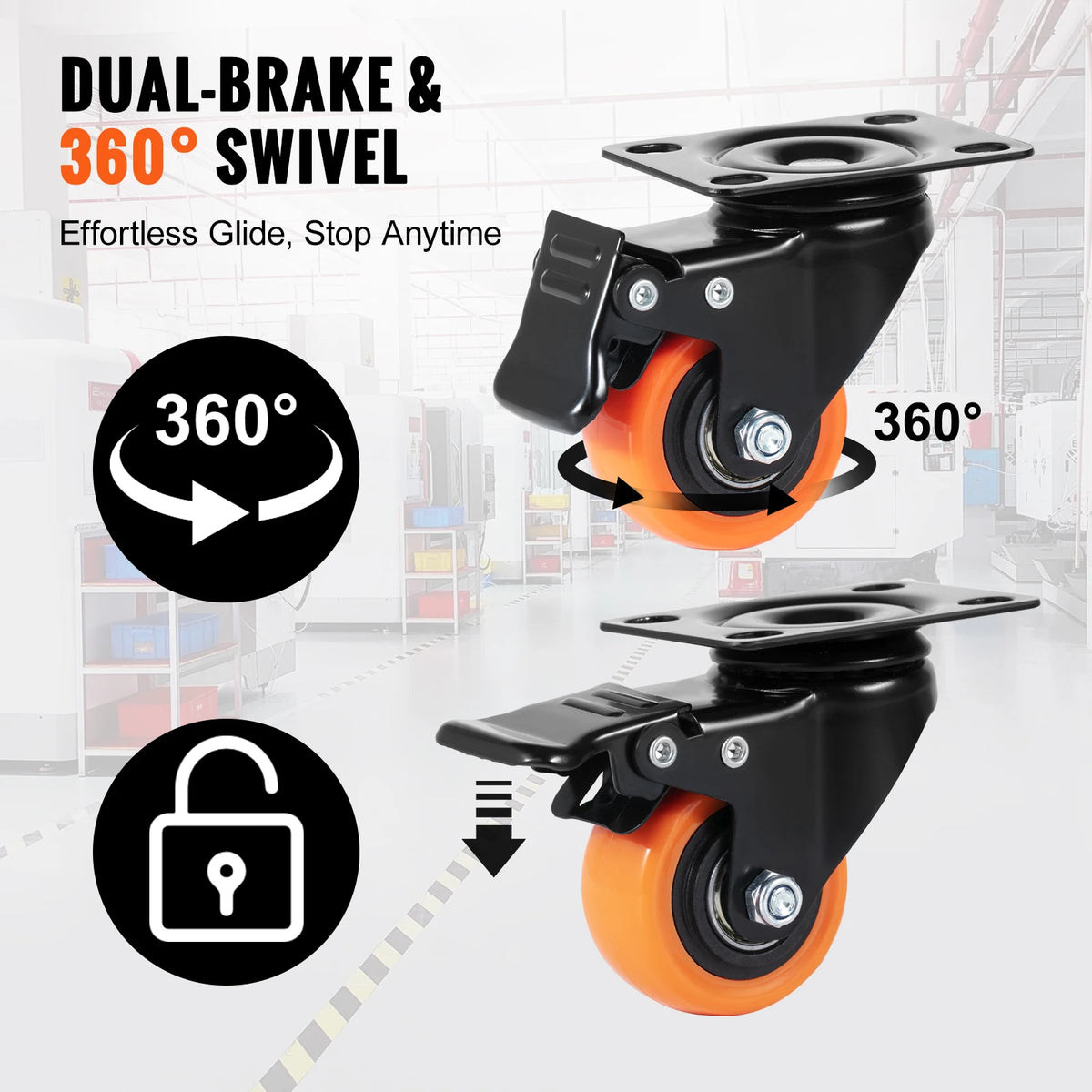 Heavy-Duty Swivel Plate Casters with Dual Locking Brakes (Set of 4)