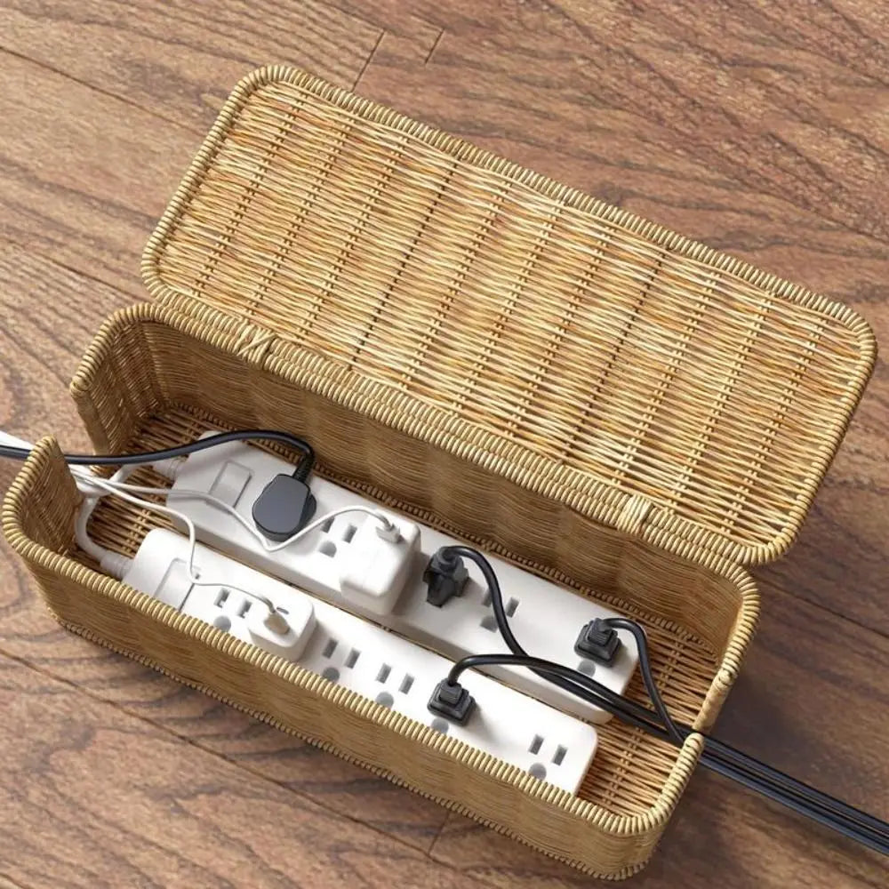 Handwoven Rattan Cable Management Box with Lid