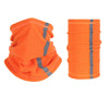 Orange reflective polar fleece neck warmer for cold weather, shown in a folded and rolled form.