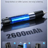 A blue cordless soldering iron with a visible electrical arc, showing options to unscrew the cover, replace the battery, and 