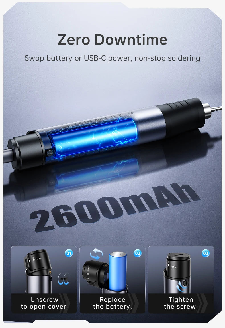 A blue cordless soldering iron with a visible electrical arc, showing options to unscrew the cover, replace the battery, and 