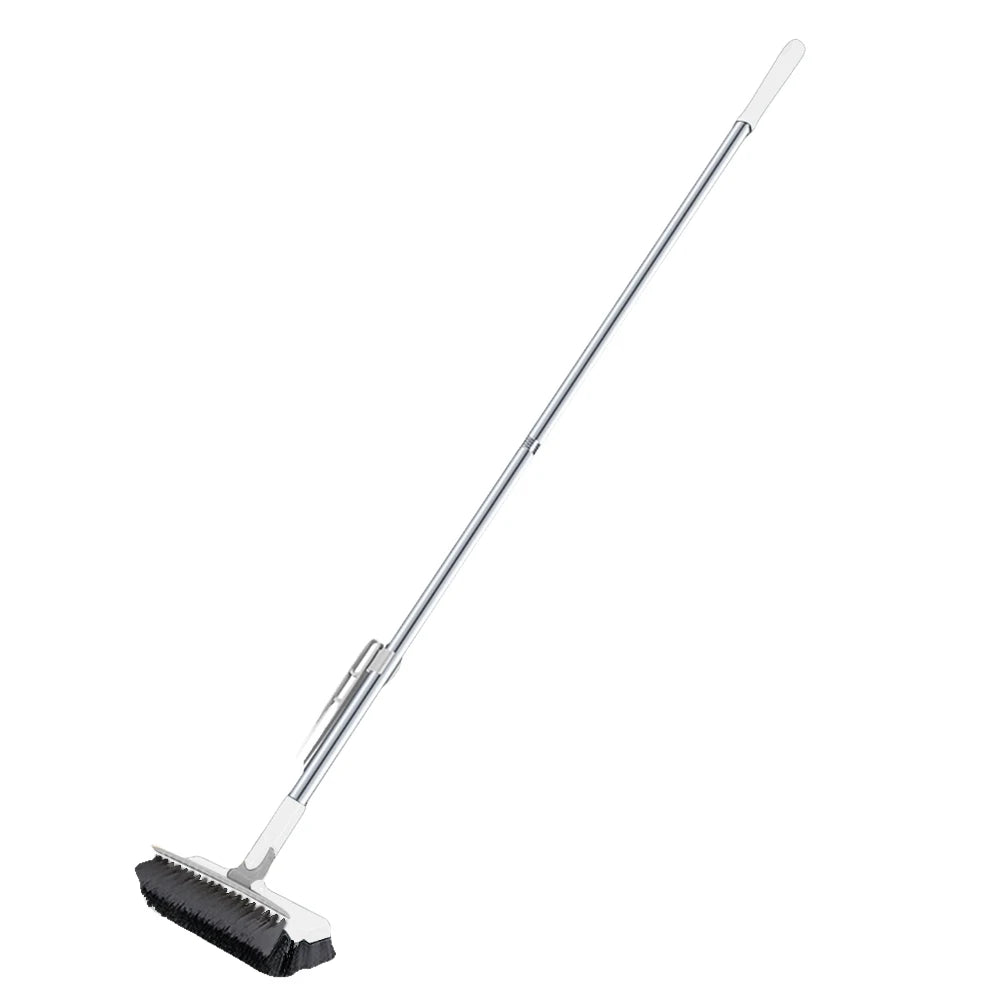 A silver 3-in-1 floor scrub brush with a long rotating handle and cleaning bristles.