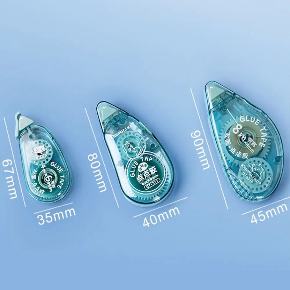 Three double-sided adhesive tape rollers of varying sizes are displayed against a light blue background.