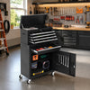 A dark gray rolling tool cabinet with a hinged top displaying various tools and storage drawers.