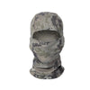 A camouflage balaclava cap in gray and green tones, designed for outdoor sports.