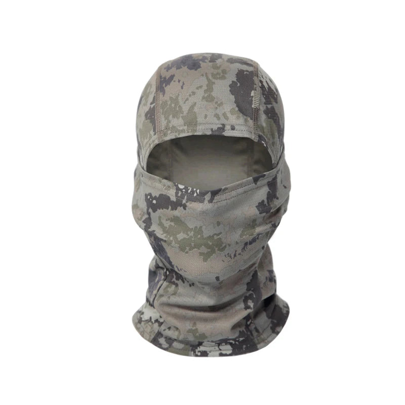 A camouflage balaclava cap in gray and green tones, designed for outdoor sports.
