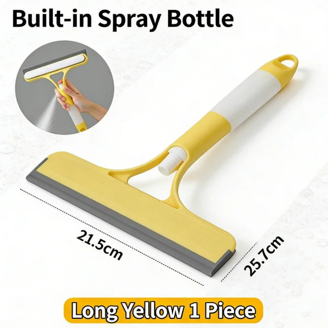Long yellow 1 piece built-in spray bottle window cleaning squeegee with microfiber cloth
