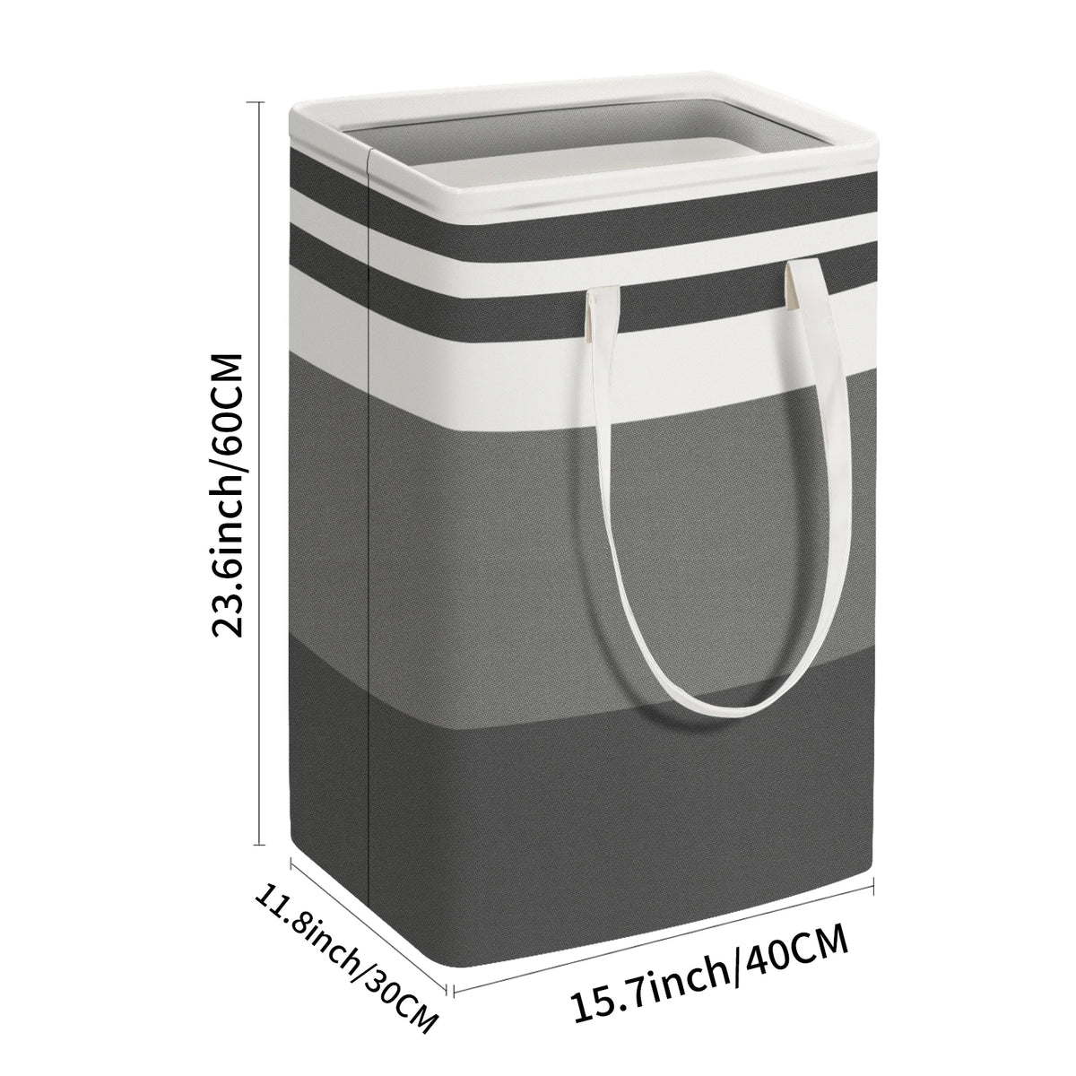 A gray and white striped laundry hamper with handles shown in a side view.