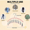 A pink stainless steel hanger with ten clips used to organize various types of pants and clothing in a closet.