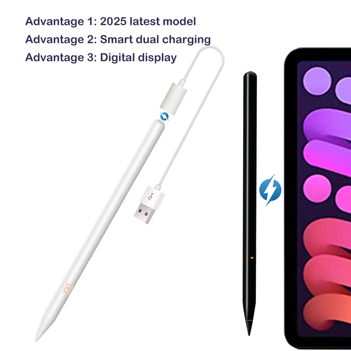 A white precision stylus pen is shown next to a black smartphone displaying a purple interface.