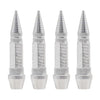 A set of silver universal bullet head screws for tires and valves shown in various angles.