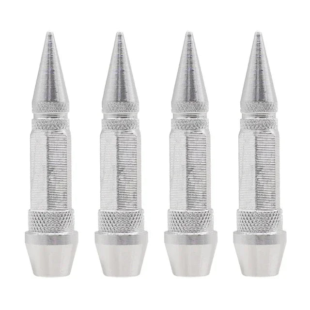 A set of silver universal bullet head screws for tires and valves shown in various angles.