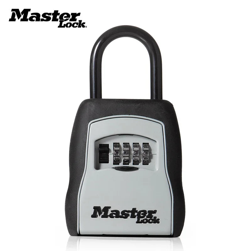 A black portable combination key safe with a silver handle and keypad, branded Master Lock.
