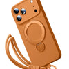 A tan magnetic silicone case for an iPhone featuring a built-in kickstand and lanyard.