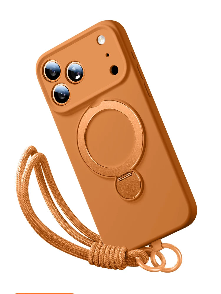 A tan magnetic silicone case for an iPhone featuring a built-in kickstand and lanyard.