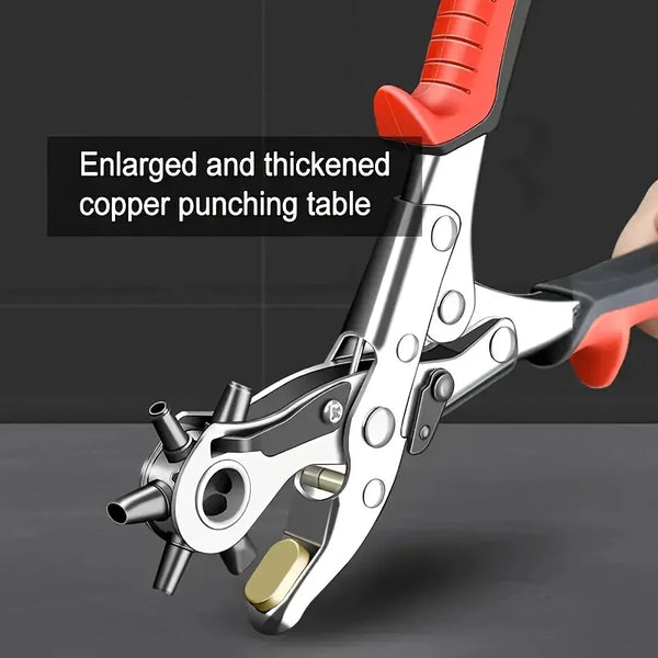 A close-up view of a silver heavy-duty leather hole punch pliers with enlarged and thickened copper punching table.
