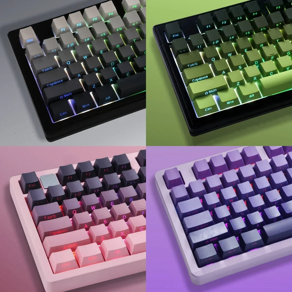 A set of PBT double-shot keycaps featuring gradient colors including green, pink, and purple keycaps.