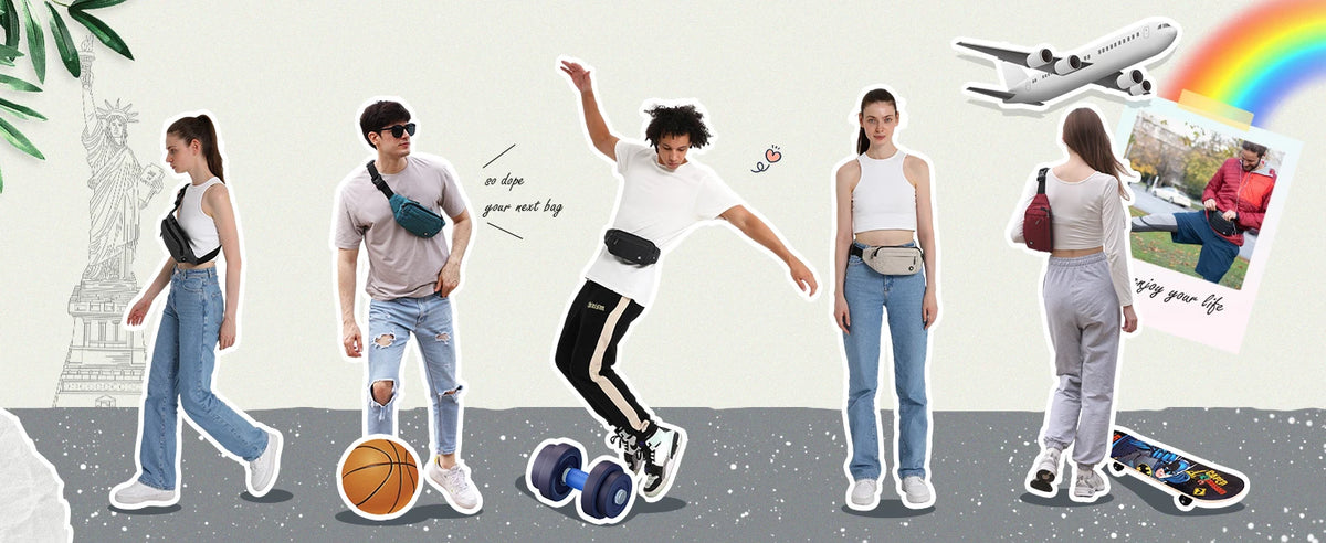 A diverse group of people wearing or posing with a water-resistant nylon fanny pack and adjustable strap.