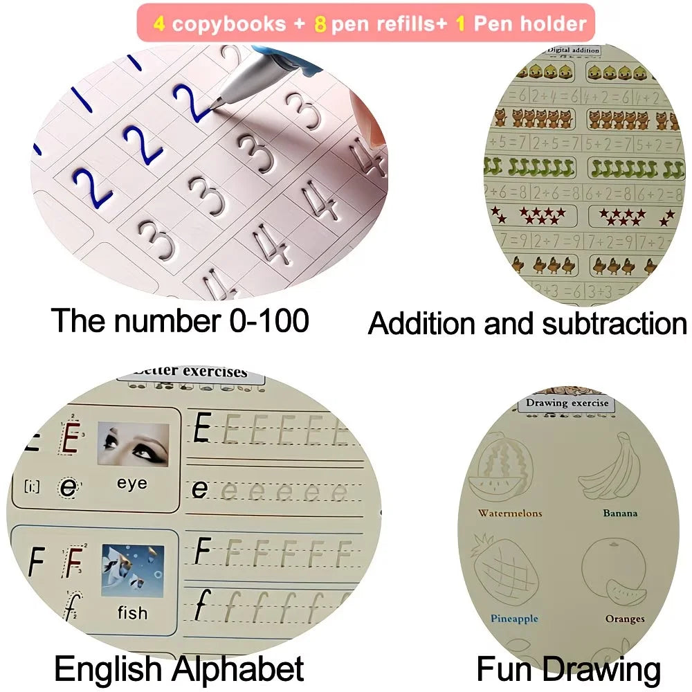 A set of 4 copybooks, 8 pen refills, and a pen holder for learning numbers, addition/subtraction, the English alphabet, and d