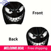 A pair of black evil grin car headrest covers, showing the front and back views.