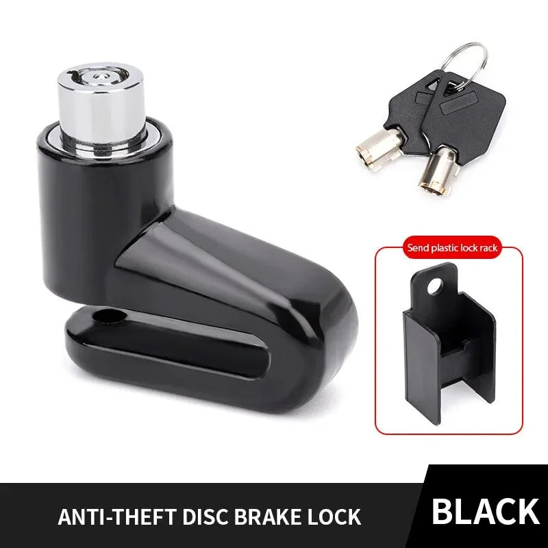Black anti-theft disc brake lock with a key and a lock rack for motorcycles and bikes