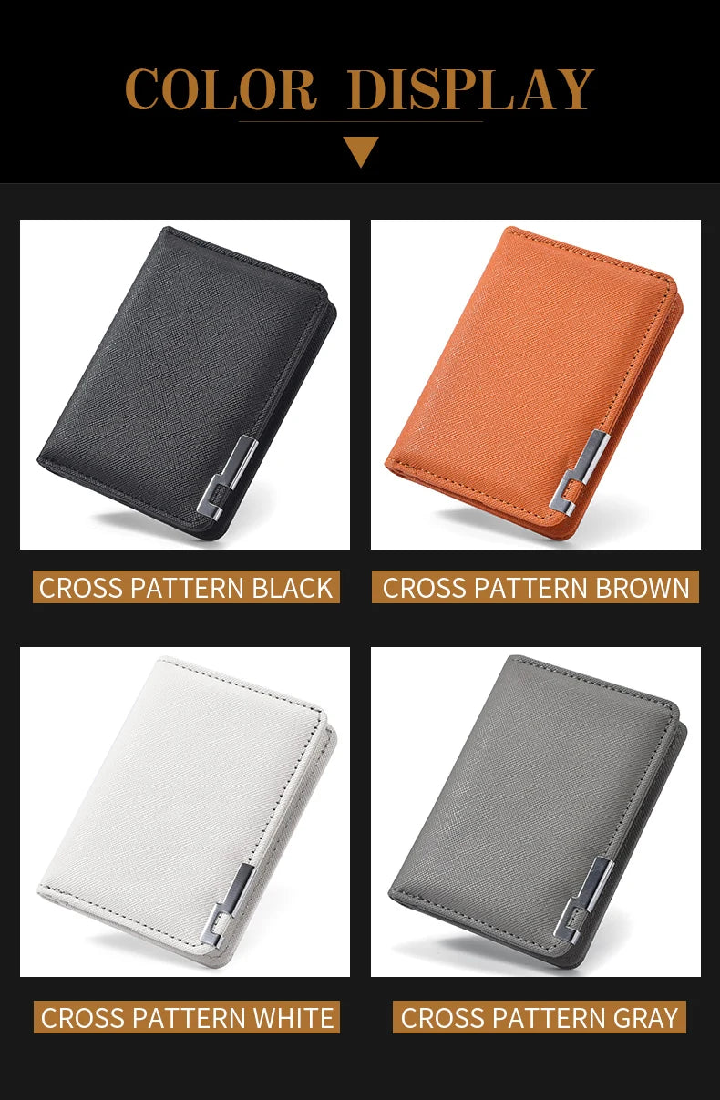 A display of four cross-patterned leather wallets in black, brown, white, and gray.