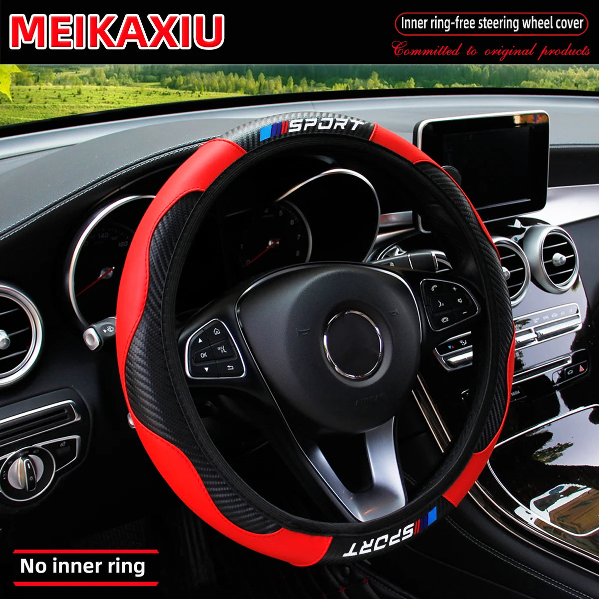 Red and black carbon fiber steering wheel cover for a car, showing an interior view.