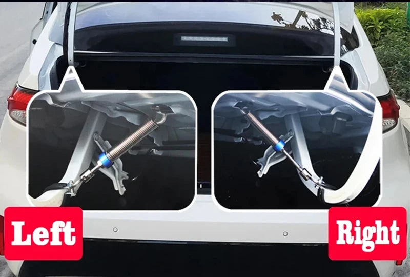 Two views of an adjustable car trunk lift spring for automatic tailgate opening, labeled left and right.