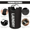 Black laundry hamper featuring reinforced handles, suitable size for large loads, and space-saving storage.