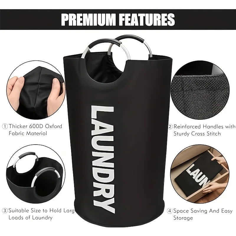 Black laundry hamper featuring reinforced handles, suitable size for large loads, and space-saving storage.