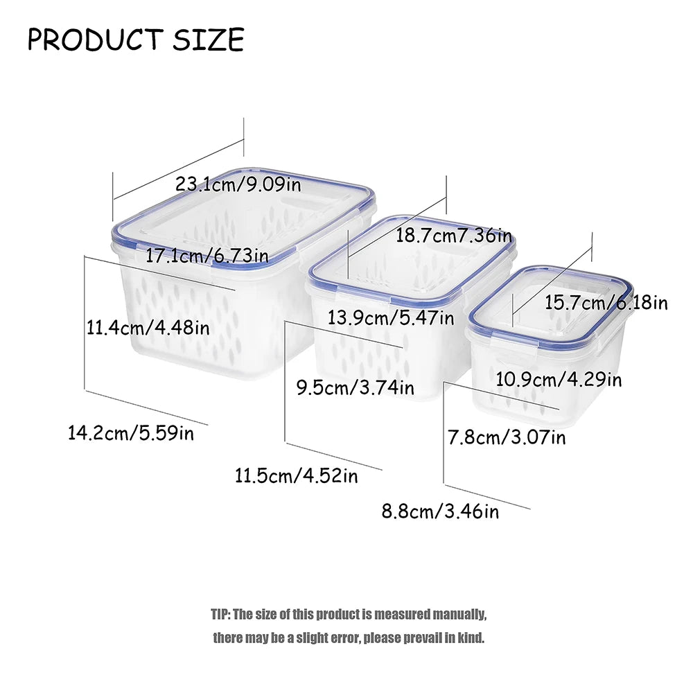 Diagram showing various sizes of a produce storage bin with a removable colander, measured in centimeters and inches.
