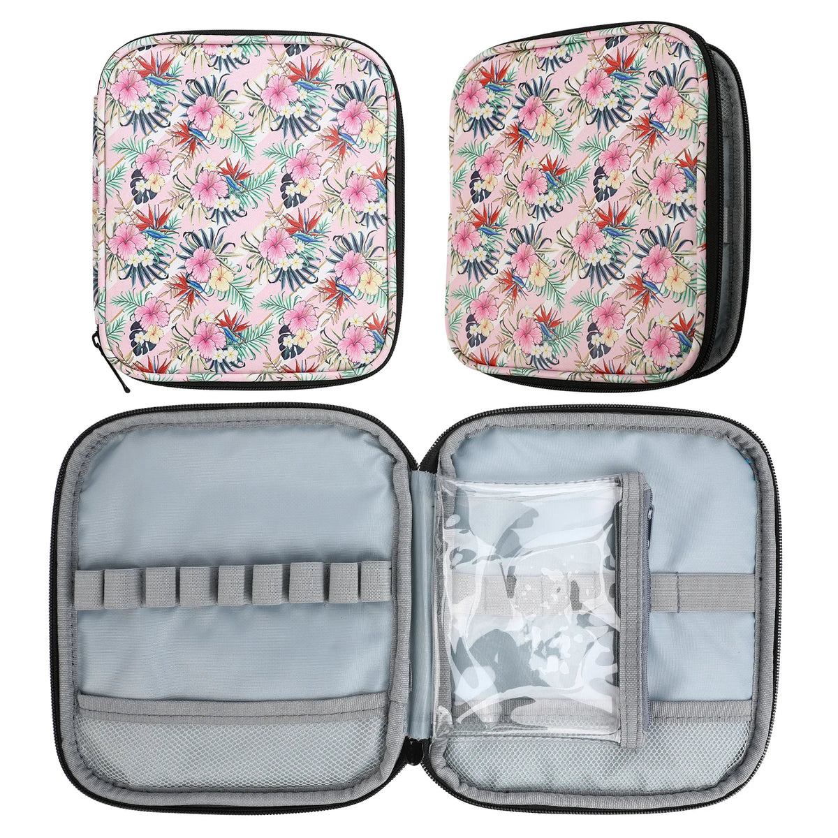 A light green crochet hook organizer bag with elastic loops shown in various views.