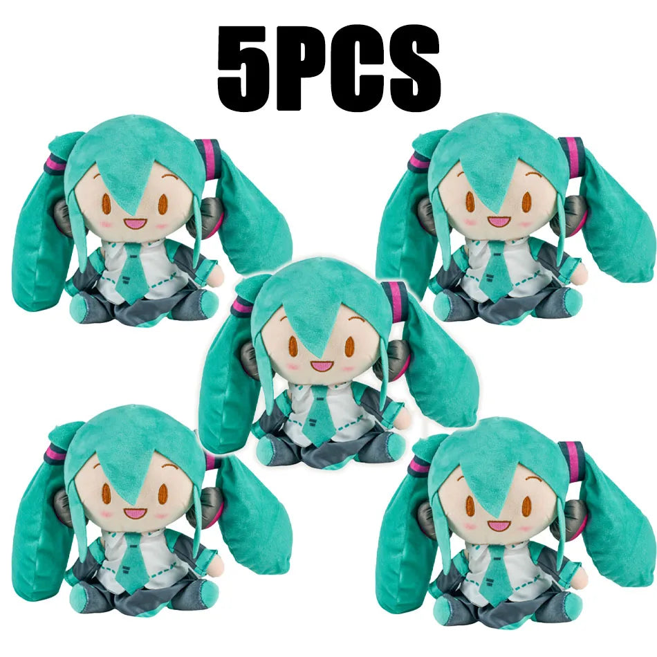 Five soft teal Hatsune Miku plush dolls in various poses.