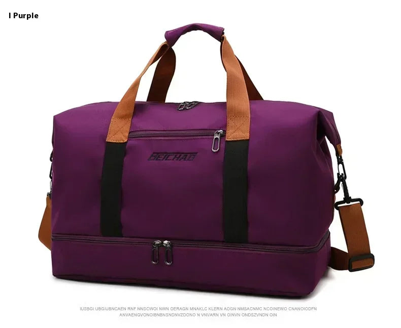 A purple large capacity water-resistant travel duffle bag with brown handles and black accents.