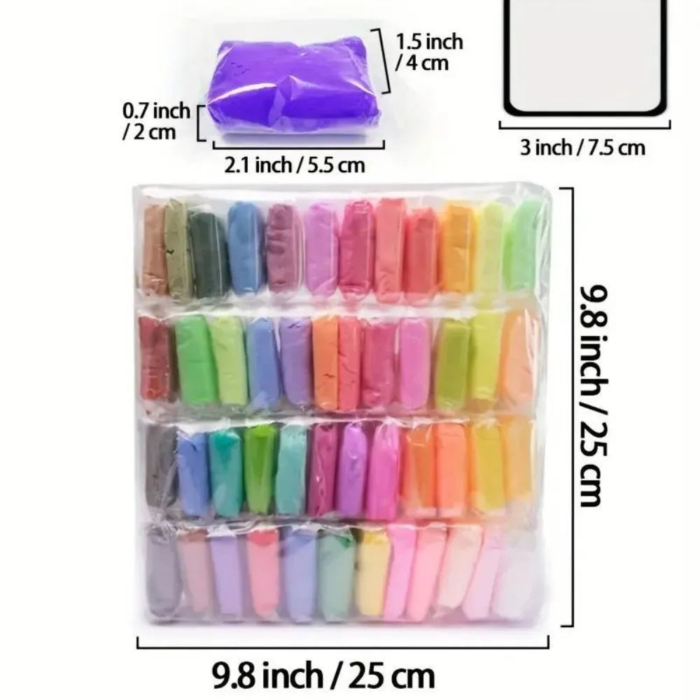 A set of 48-color air dry clay and tools packaged in a clear plastic container.