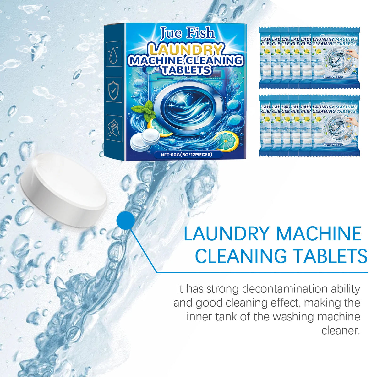 Box of Jue Fish Laundry Machine Cleaning Tablets with effervescent tablets shown next to a white tablet.