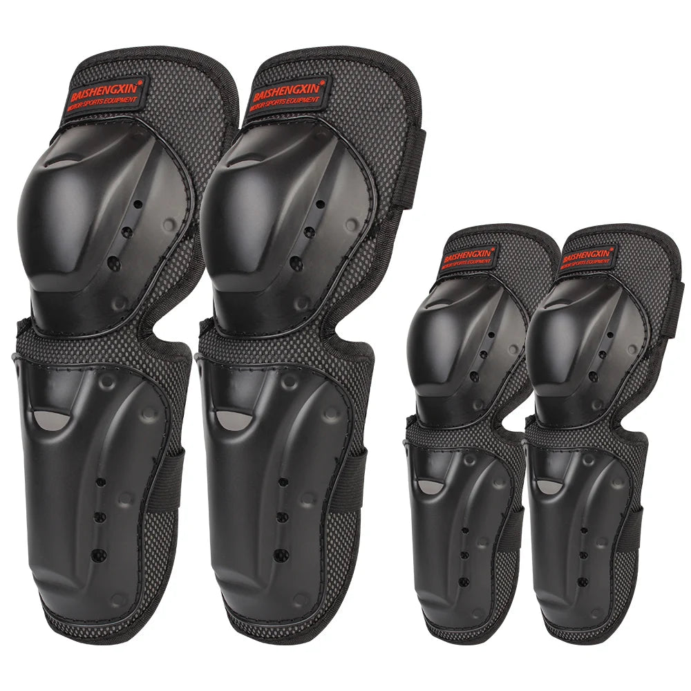 Set of black impact-resistant motorcycle knee and elbow protective pads