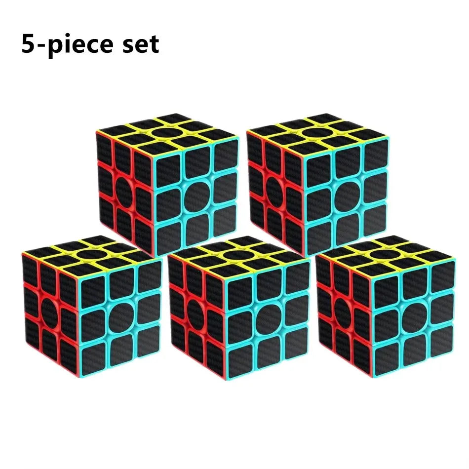 A 5-piece set of black and blue stickerless speed cubes.