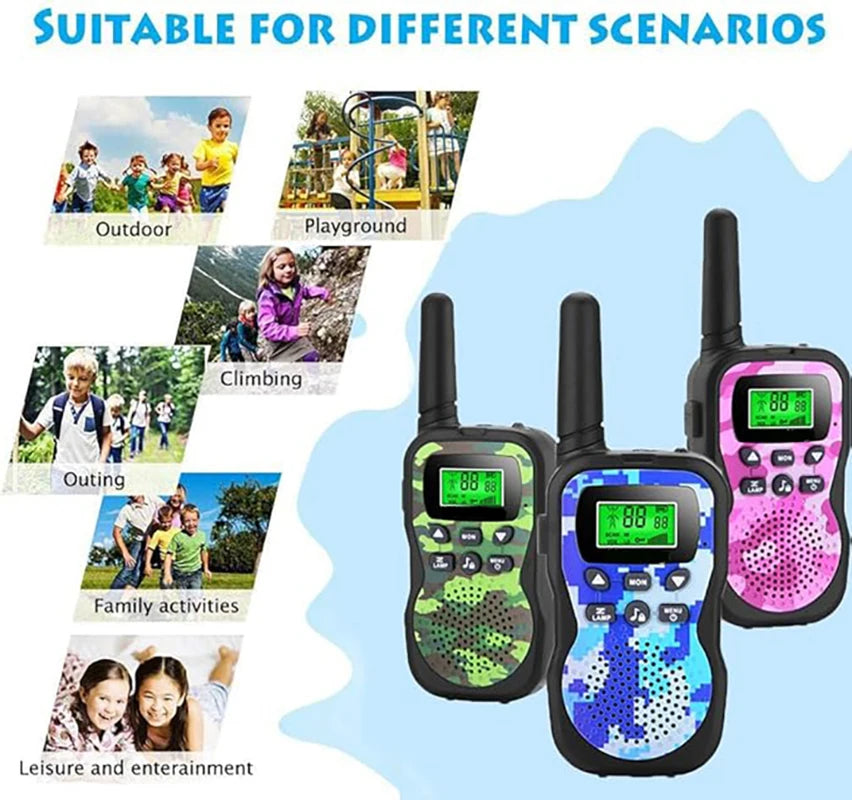A pair of pink and green walkie-talkies are shown with various outdoor activity scenarios like playground and climbing.